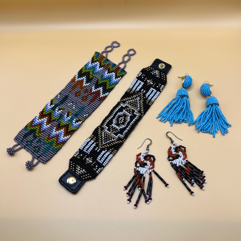 Southeastern Aztec Handmade Beaded Jewelry Lot Cuff Bracelets Dangle Earrings